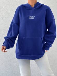 EURMUSE Cotton Letter Graphic Pocket Drop Shoulder Hoodie - Blue - View 4