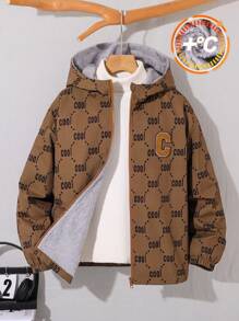 SHEIN Tween Boy Casual College Letter Print Patch Pocket Thermal Lined Zip-Up Hooded Jacket, Suitable For Commuting, School, Everyday, Vacation, Sports, Autumn/Winter - Multicolor - View 1