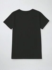 圣诞节休闲女式卡通鹿角形闪光格子条纹蝴蝶结图案印花基本款短袖 T 恤，适合圣诞派对图案 T 恤女式上衣 - 黑色 - 查看 2