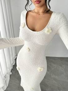 SHEIN Unity 1pc Women's V-Neck High Quality 3D Floral Knit Long Sleeve Bodycon Midi Dress, Sexy Minimalist Style, With Random Floral Pattern Fall Cloth For Women - Apricot - View 4