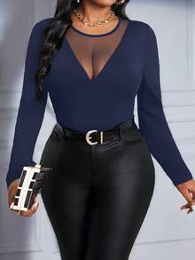 SHEIN Lady 2025 New Spring And Summer Autumn And Winter Elegant Navy Blue Knitted Round Neck Long Sleeve Contrast Mesh Plus Size T-Shirts Halloween Plus Halloween Clothes Stylish Clothing Collection Winter Clothes For Women