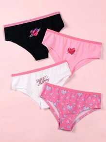 SHEIN 4pcs/Pack Girls Cute Bow, Heart & Love Print Cotton Briefs, Minimalist Style - Multicolor - View 1
