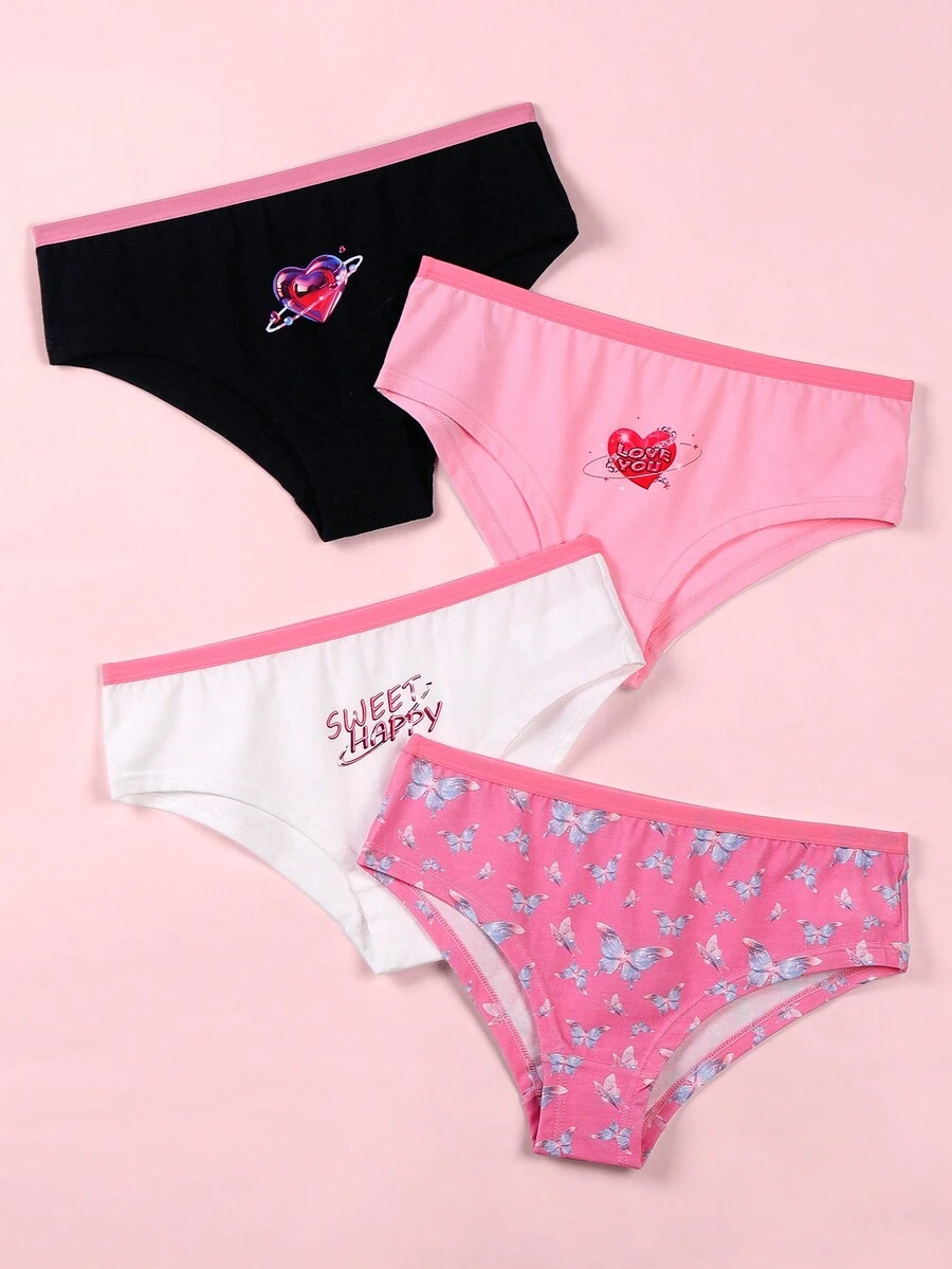 SHEIN 4pcs/Pack Girls Cute Bow, Heart & Love Print Cotton Briefs, Minimalist Style - Multicolor - View 1