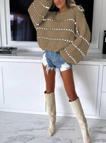 Chiquease Áo len dài tay cổ tròn dáng rộng thoải mái, thích hợp mặc mùa thu đông. - Nhiều màu - Xem 3