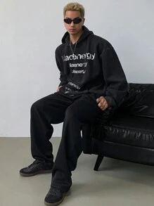 DAZY Men's Plain Drawstring Waist Fleece Pants, Autumn/Winter Men Joggers - Black - View 3