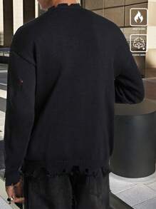 Manfinity Roghcode Men's Crew Neck Long Sleeve Stylish Letter Printed Casual Comfortable Sweater - Black - View 2