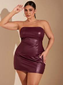 SHEIN BAE Robe moulante mini à plissés en PU de couleur unie pour femme grande taille