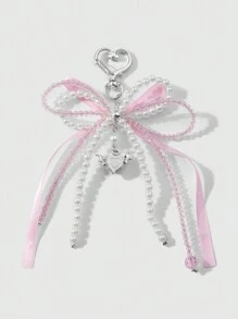 ROMWE Kawaii 1 pièce Élégant Casual fait main Perle blanche en cristal perle rose ruban nœud papillon ailes cœur pendentif porte-clés et porte-clés, convient pour les femmes, port quotidien ou cadeaux de la Saint-Valentin