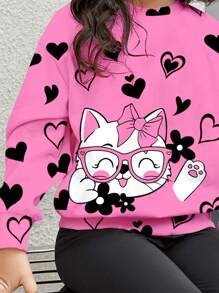 SHEIN 可爱猫咪和花朵印花，女婴柔软针织加厚圆领长袖运动衫和紧身裤套装，适合秋冬季 - 彩色 - 查看 4