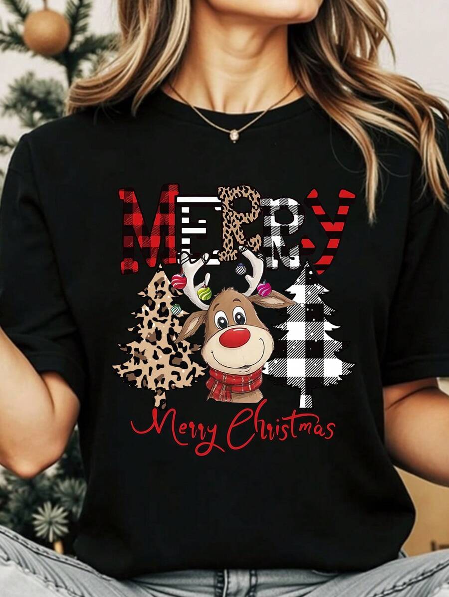 SHEIN Women Christmas Casual Fashionable Cartoon Cute Reindeer & Leopard Print Christmas Tree Graphic Print Basic Short Sleeve T-Shirt Graphic Tees Women Tops - Black - View 1