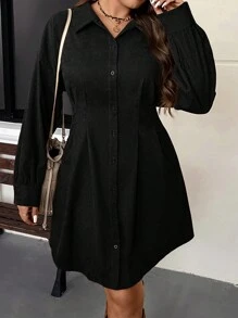 SHEIN VCAY Plus Size Autumn/Winter Waist-Cinched Cardigan Style Casual Retro Dress,Graduation Dress - Black - View 6