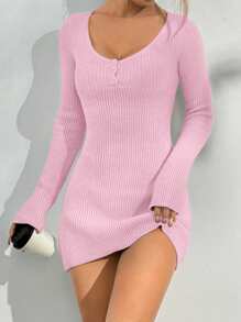 Flirla Einfarbiges geripptes gestricktes Langarm lässiges vielseitiges Pulloverkleid