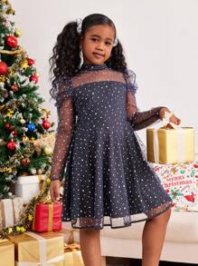SHEIN Tween Girls' Long Sleeve Shiny Mesh Ruffle Trim Party Dress, Elegant & Pretty For Autumn/Winter, For Christmas - Blue - View 6