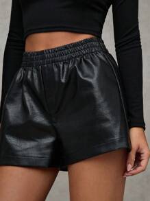 SHEIN BAE Quần short nữ màu đen trơn, kiểu dáng retro, chất liệu giả da PU, cạp chun, thời trang đường phố/dã ngoại/dự tiệc, dáng rộng/quần short bốt đen/quần short dự tiệc Giáng sinh/quần short mùa đông/quần short Lễ Tạ ơn - màu đen - Xem 4