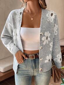 EMERY ROSE Floral Pattern Drop Shoulder Cardigan,Long Sleeve Tops Fall Winter Cloth For Women - Grey - View 5