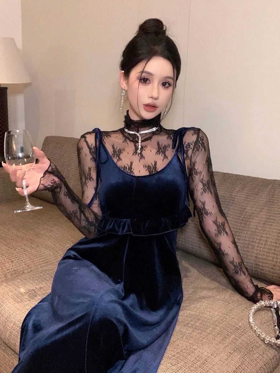 DAZY Elegancka, jednokolorowa sukienka damska z ramiączkami typu spaghetti, prosta, swobodna, aksamitna, na imprezę/wieczor, jesień/zima, sylwestrowa sukienka damska