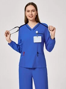 TaskEZ Conjunto de uniforme de trabajo de blusa de manga larga con bolsillo y cuello en V en contraste, y pantalones