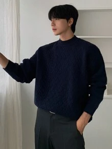 DAZY 男士纯色圆领长袖基本款毛衣，秋季休闲装 - 藏蓝色 - 查看 1