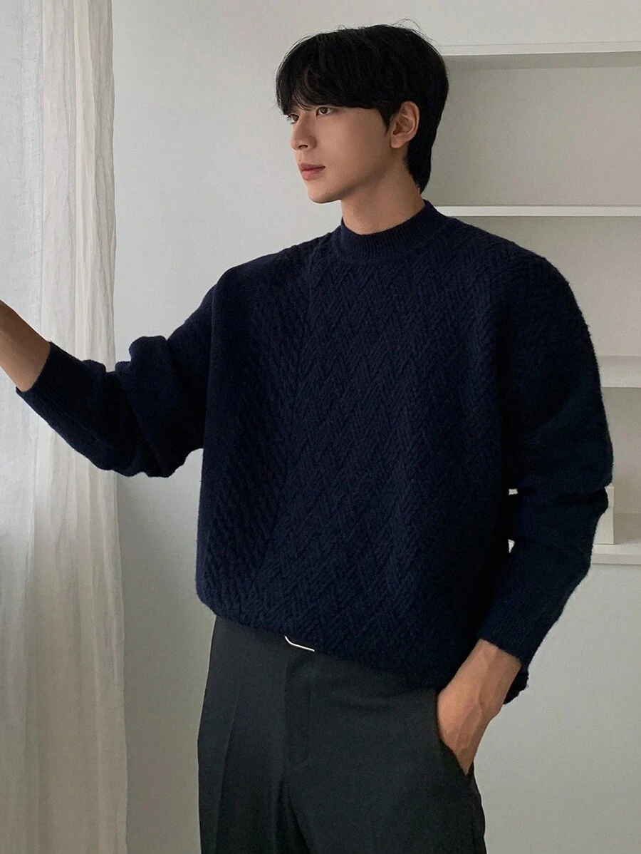 DAZY 男士纯色圆领长袖基本款毛衣，秋季休闲装 - 藏蓝色 - 查看 1