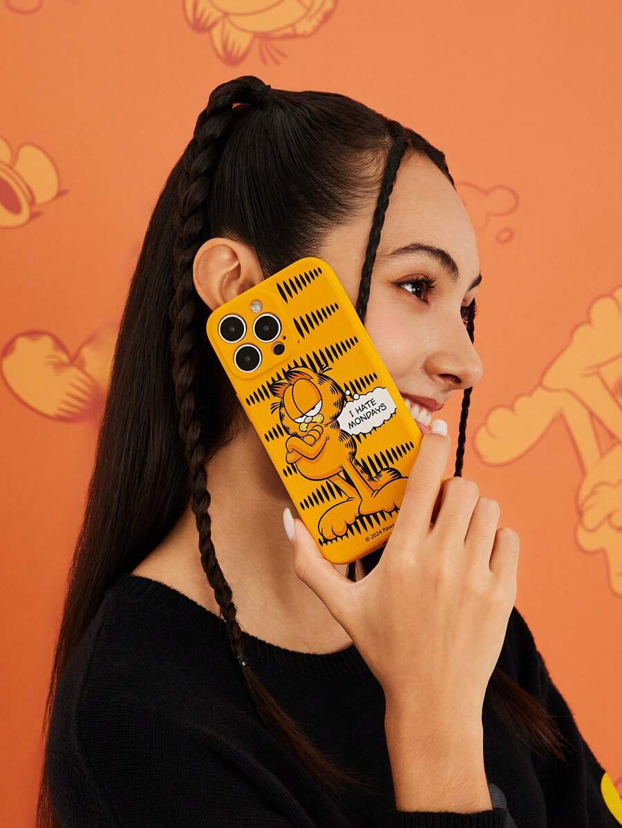 GARFIELD | SHEIN Estuche de teléfono de silicona líquida con diseño lindo de gato de dibujos animados y estampado de lema