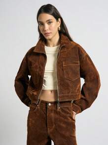 AiiRZ Denim Flocked Button Front Jacket And Baggy Jeans Two-Piece Co-Ord Set - Brown - View 3