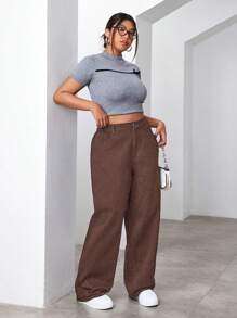 SHEIN CURVE+ 冬季加大码女式休闲宽松纯色牛仔裤，秋季 - 咖啡棕 - 查看 6