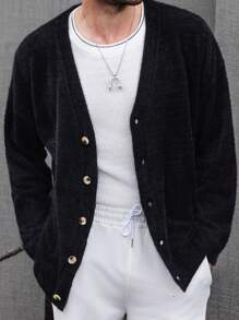 Manfinity Homme Men's Casual Solid Color Drop Shoulder Loose Single-Breasted Cardigan