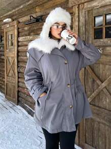 Calvaya Plus Size Fluffy Patchwork Winter Clothes Front Button Up Long Sleeve Padded Padded Coat Fall Cloth For Women - Dark Grey - View 7