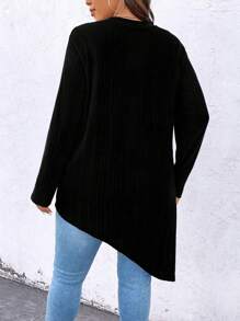 Plus Size Women Crew Neck Long Sleeve Asymmetrical Hem Tee With Faux Pearl Decor, Casual For Autumn For Spring - Black - View 2