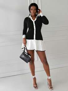 BamGleam Nuevo vestido de suéter para otoño e invierno con bajo de suéter, vestido esponjoso, vestido paraguas, vestido plisado, manga larga con solapa, fila larga de botones de perlas falsas, elegante estilo socialita francés simple de vestido de suéter
