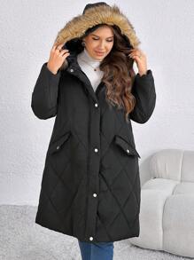 SHEIN LUNE Plus Size Casual Warm Plush Trim Hooded Zip Up Padded Coat, Autumn - Black - View 5