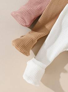 SHEIN 3 Stück Neugeborenen Baby Jungen/Mädchen Lässig einfarbige Leggings mit elastischem Bund, süßes Baby-Rippstrick Leggings Set