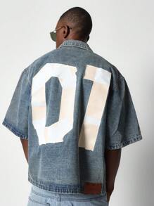 SUMWON Boxy Washed Denim Shirt With Number Graphic Print - Blue - View 1