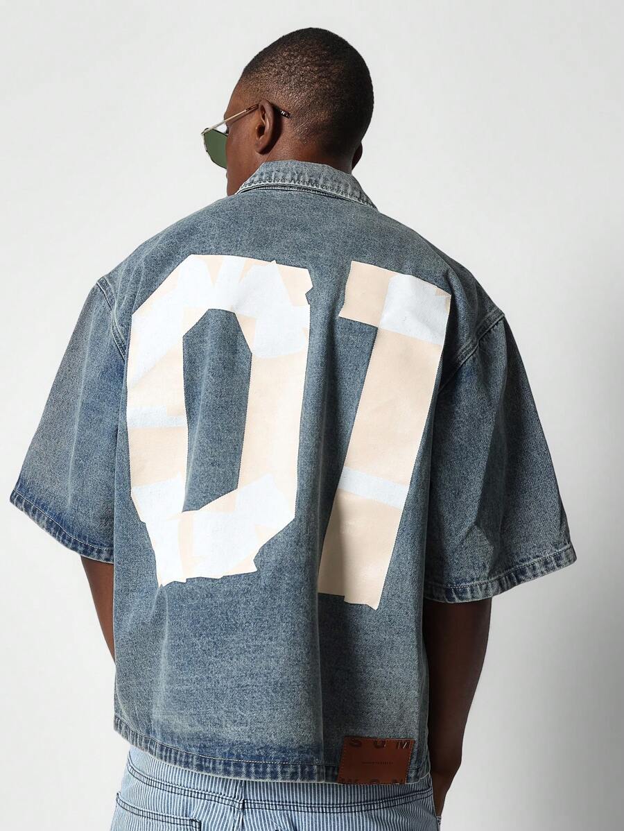 SUMWON Boxy Washed Denim Shirt With Number Graphic Print - Blue - View 1