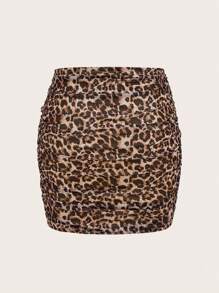 SHEIN EZwear Plus Size Women Leopard Print Skirt, Casual & Holiday - Brown - View 2