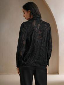 Anewsta 女士优雅迷人微透明提花图案高领衬衫 - 黑色 - 查看 2