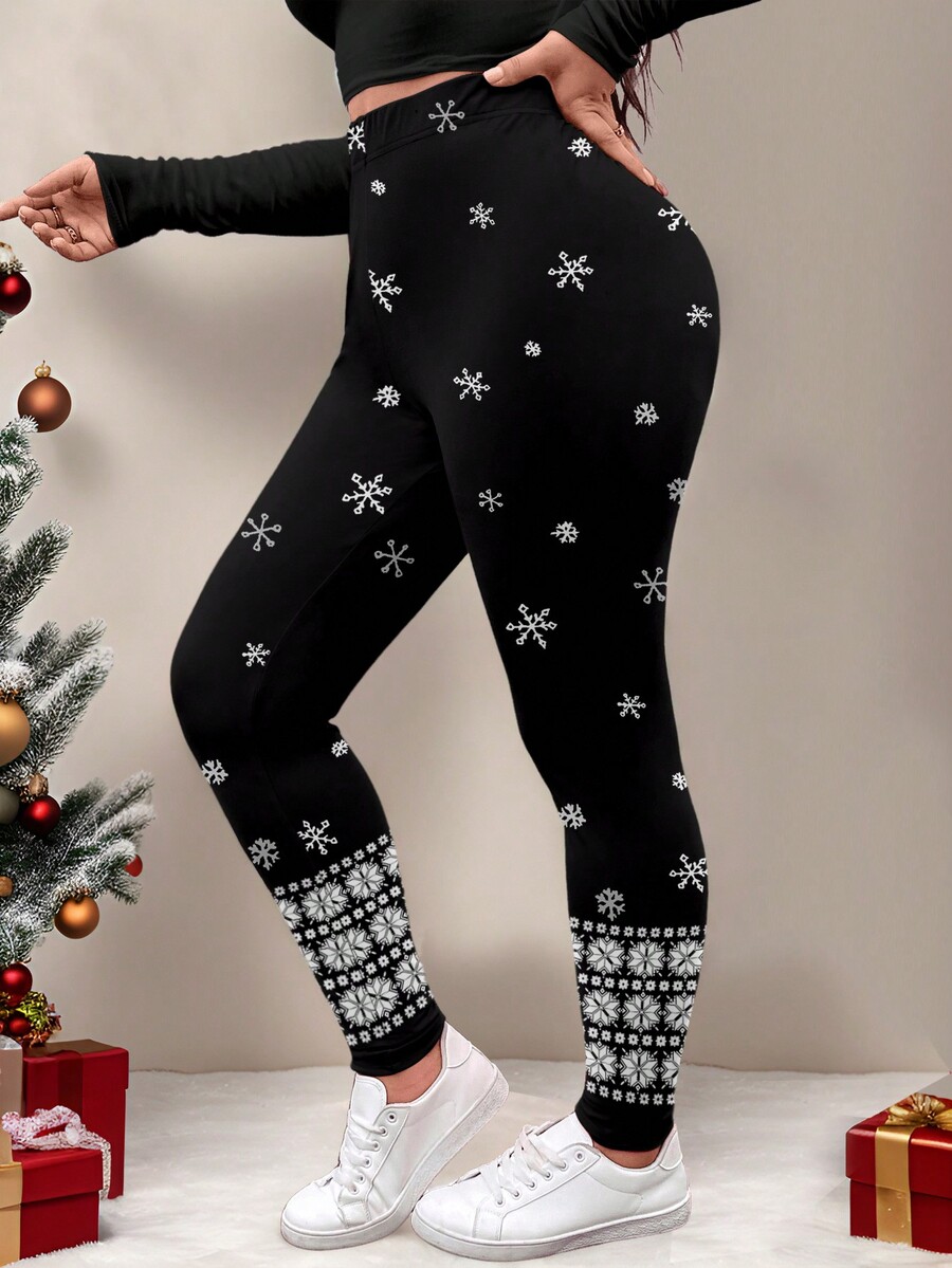 SHEIN LUNE Plus Size Snow Flake Print Elastic Waist Casual Leggings