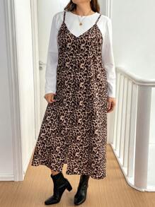 SHEIN Essnce Plus Size Plain Crew Neck Long Sleeve Shirt And Casual Leopard Print Dress 2 Pieces Set