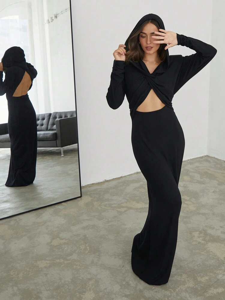 New Year, Women's Mock Neck Backless Black Business Casual Unique Wide Strap Knit Fabric Tall Girls Necessary Long Sleeve V-Neck Hooded Fitted Dress