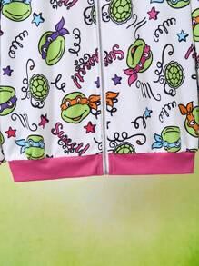 TEENAGE MUTANT NINJA TURTLES | SHEIN Tween Girl 1 件彩色卡通海龟和字母全身印花撞色罗纹拉链连帽运动衫，秋冬 - 白色 - 查看 10
