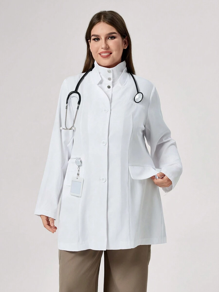 TaskEZ Bata de laboratorio / bata blanca de manga larga con botones delanteros de un solo color para tallas grandes - Blanco - Ver 1