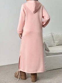 Chiquease Vestido tipo sudadera oversize con bolsillos, manga larga, diseño de abertura, forro esponjoso, estilo europeo casual, otoño/invierno