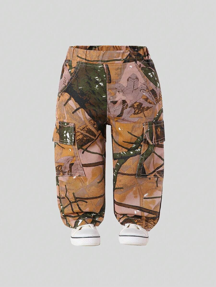 Baby Boy Casual Street Fashion Personalized Retro Printed Washed Denim Jeans - Camel - View 1
