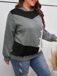 SHEIN LUNE Áo nỉ trùm đầu tay dài màu tương phản cỡ lớn thường ngày - màu đen - Xem 3