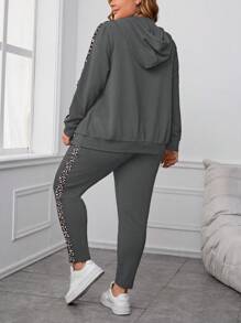 EMERY ROSE 大码女式 2 件套秋季豹纹拼接拉链连帽衫夹克和裤子休闲装 - 灰色 - 查看 2