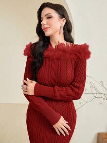 Modelyn Women's Elegant Solid Color Slit Hem Sweater Dress, Suitable For Autumn/Winter - Burgundy - View 3