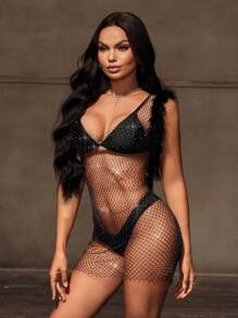 Zolique Women Sexy Diamond Mesh Sheer See-Through Dress - Black - View 5