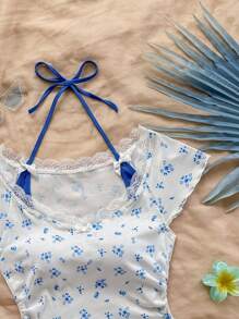 Soleia 女式复古红白小碎花蕾丝边高领拼色露背 T 恤，可爱蝴蝶结装饰 2 合 1 芭蕾风格休闲夏季上衣，午餐，返校