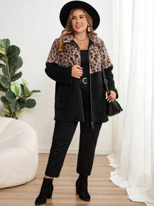 EMERY ROSE Plus Size Leopard Print Patchwork Fluffy Jacket Teddy Coat, Autumn/Winter