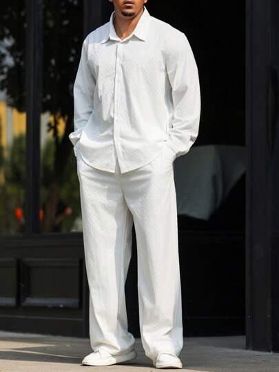 Manfinity Homme 大码男士纯色纹理长袖衬衫和裤子休闲西装，秋季